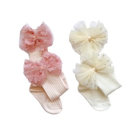 FASHION YO 2 Pairs Toddlers Baby Girls Kids Tutu Flower Pearl Bows Party Costume cotton Knee High Socks Newborn Infant (Set03 M)