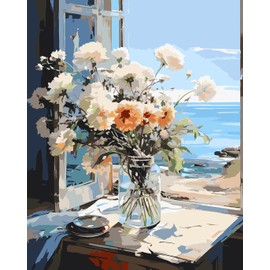 Paint by Number for Adults. Flowers by The Sea DIY Acrylic Painting Kit for Adults Beginner – 16” x 20”with 3 Brushes and Bright Colors