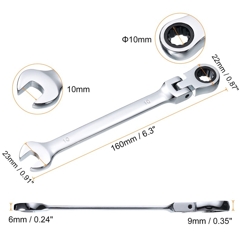 sourcing map Flex-Head Ratcheting Wrench 10mm 180° Rotating Head Metric
