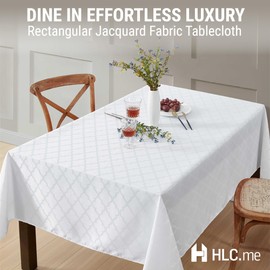 HLC.ME Modena Fabric Tablecloth, Jacquard Fabric Table Cloth for Rectangle Table, Advanced Water Resistance, Fade, and Wrinkle Resistant Table Cloth, Geometric Lattice Pattern - White, 60x84