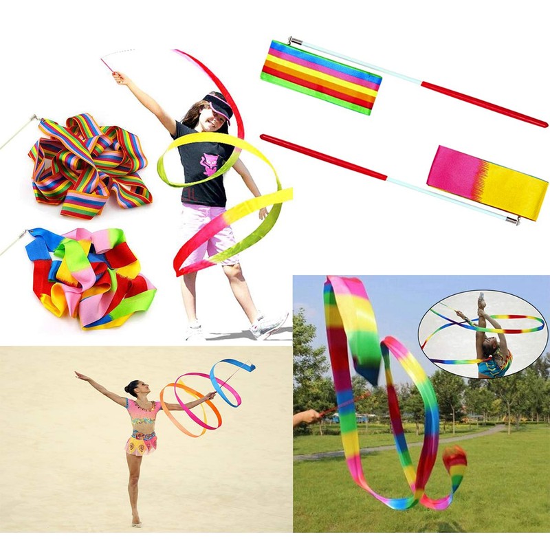 Dance Ribbons Rainbow Streamers Rhythmic Gymnastics Ribbon Baton Twirling Wands