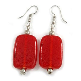 Red Glass Square Drop Earrings with Silver Tone Closure - 55mm L
