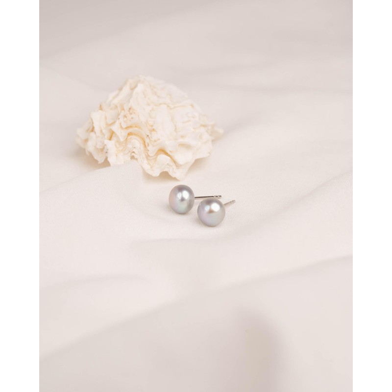 Women's Pearl Earrings Grey Freshwater Cultured Pearls Button Shape Grey