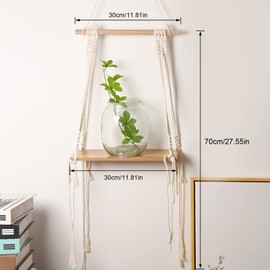 CIOUYAOS Wall Shelf, White Wooden Shelf, Floating Shelf, Hanging Shelf for Hanging, Wall Decoration, Boho Decorative Small Rope Hanging Shelf for Living Room, Bedroom, Children's Room, Home, Kitchen