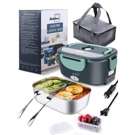 Buddew Electric Lunch Box 80W Food Heater for Adults, 12/24/110V Portable Lunch Warmer Upgraded Heated Lunch Box for Car/Truck/Office with SS Fork&Spoon and Insulated Carry Bag (Green)