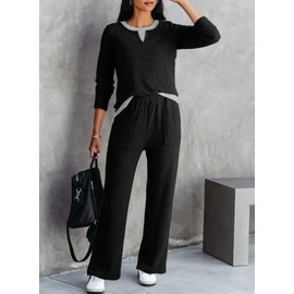 Dokotoo 2 Piece Sets for Women Comfy Lounge Crew Neck Long Sleeve Color Block Casual Yoga Sweatshirts Wide Leg Pants Tracksuit Matching Sets Women Clothing 2025 Fall Black XX-Large