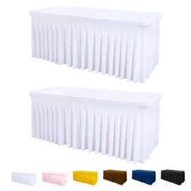 Jieqier One-Piece Table Cover and Table Skirt for Rectangle Tables, 6FT Spandex Fitted Tablecloth with Ruffles Skirt for Weddings, Banquets, Parties, Vendors (White 2Pack)