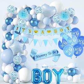 Sroeeshee Baby Shower Decorations for Boys - 113 Pieces IT’S A Boy Banners and Pennant Flags Garland Kit, Mummy to Be Sash Pom Poms Star Heart Foil Balloons for Newborn Gender Reveal Party Supplies