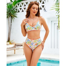 Jolefille - Conjunto de bikini de cintura alta para mujer, traje de baño con control de abdomen, 2 piezas, cobertura completa para adolescentes, con aros, floral, Traje de baño amarillo, X-Large