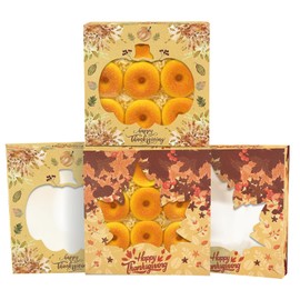 qiqee Thanksgiving Auto-pop Up 12pcs Pie Box With Window 9x9x2.5 Inch Donut Pastry Boxes Pumkin Leaves Bakery Box