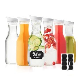 Cuiselect Water Carafe with Lid, 50 Oz Round Plastic Pitcher for Drinks, Milk, Mimosa Bar Supplies, Iced Tea, Juice Containers with Lids for Fridge, BPA-Free, NOT DISHWASHER SAFE, 6 Pack