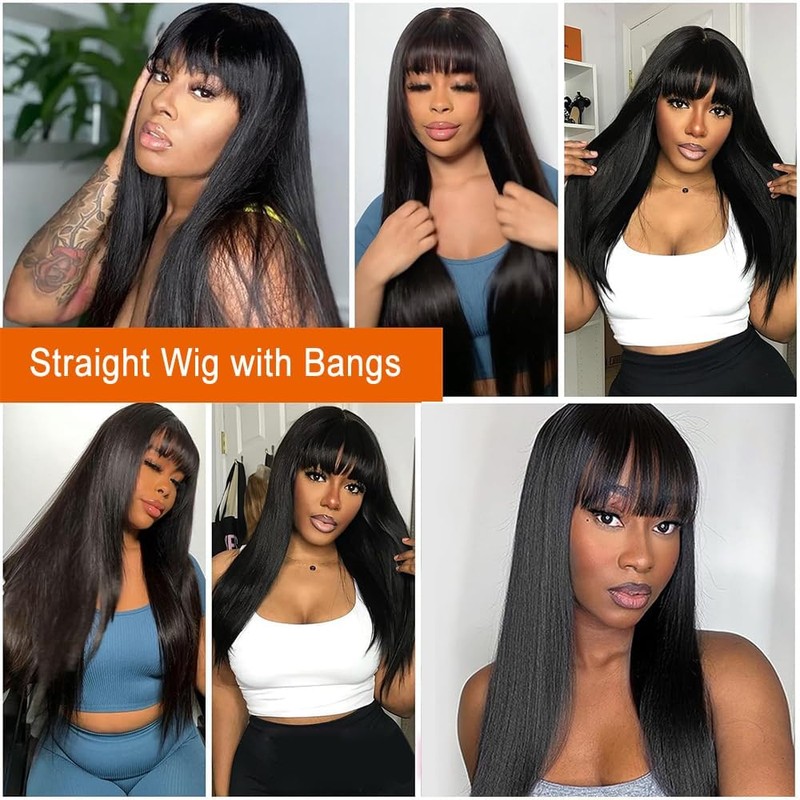 Human Hair Wig Bone Straight Wigs with Bangs Wear and