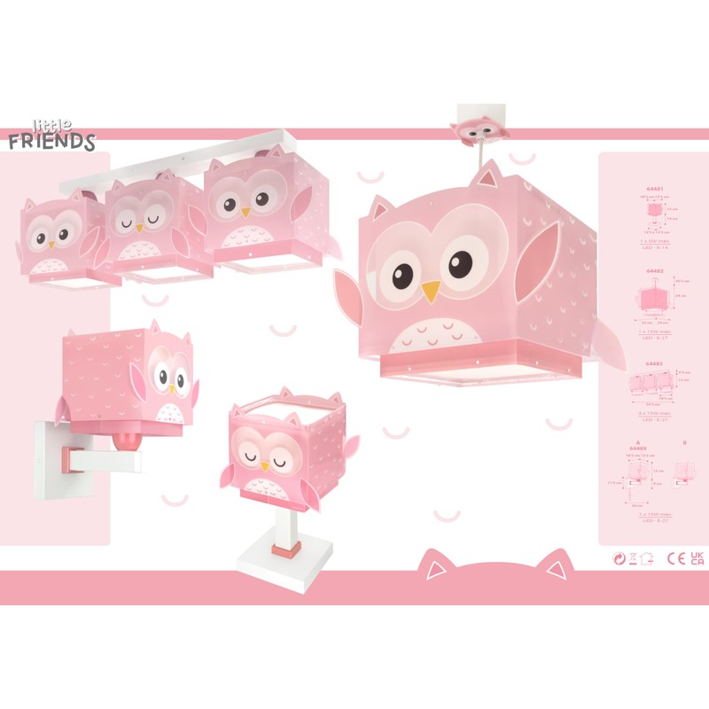 Dalber Children's Table Lamp Bedside Lamp Little Pink Owl