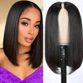 Straight Human Hair Wig V Part Wig Human Hair Wig Bob Glueless Human Hair Wigs For Black Women Human Hair U Part Human Hair Bob Wig Natural Black Color 14 Inch