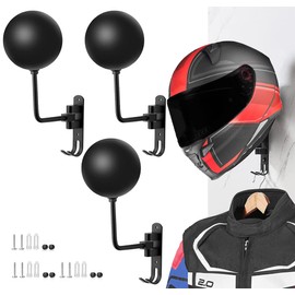 SANGMO 3 Pack 180° Motorcycle Helmet Rack, Rotation Metal Helmet Holder Wall Mount, Helmet Holder Bike with 2 Hooks Helmet Hanger for Motorcycle Bike Coats, Caps, Baseballs, Rugby Helmet(3 Pack)