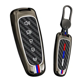 HIBEYO Key Fob Cover for Ford Edge Escape Focus C Max Kuga Explorer Taurus Accessories with Keychians PVC Carbon Fiber Key Case for Ford Key Protector-Black