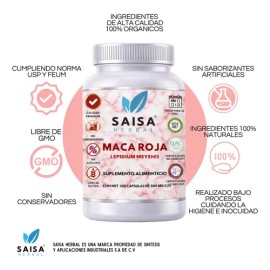 Maca Roja Orgánica 100 % Pura Con 100 Cápsulas | Suplemento Alimenticio | Saisa Herbal | Salud Ósea, Antioxidante, Energía