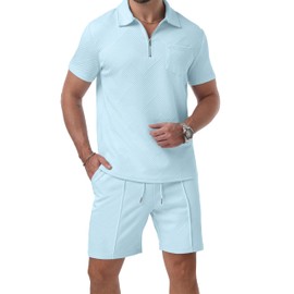 QIXING Mens Shorts and T shirt Sets Polo Colloar Mens Summer 2 Piece Holiday Clothes Co ord Shorts Set with half Zip Tracksuit (Light Blue, XXL)