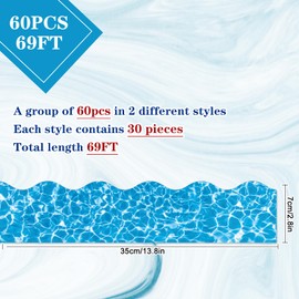 JarThenaAMCS 69Ft Ocean Wave Bulletin Board Border Pool Water Ripples 60Pcs Blue Sea Scalloped Trim Border Stickers Decal for Summer School Classroom Office Chalkboard Party Decor