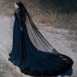 Skicuff Black Lace Veil Bridal Wedding Veils with Metal Comb Mourning Funeral Wedding Cathedral Length Long Lace Sequins