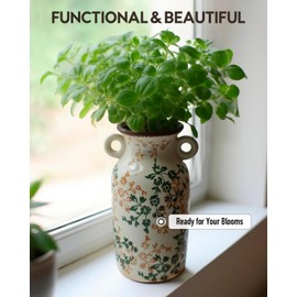 Ceramic Vintage Flower Vase with Symmetric Vent Holes - White & Green Chinoiserie Floral Decor, Rustic Tabletop Centerpiece for Farmhouse Shelf, Grand Millennial Style | 9.1inch