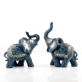 Wisifayardin Blue Thai Couple Elephants Figurines Statues Elephant with Trunk Up Gifts for Desktop Decoration Home Crafts Ornament