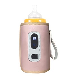 Calentador de Biberones USB con Pantalla LCD, Calentamiento Preciso, Temperatura Ajustable, Calentador de Biberones de Leche Portátil para Viajes, Coche, Avión (Rosa)