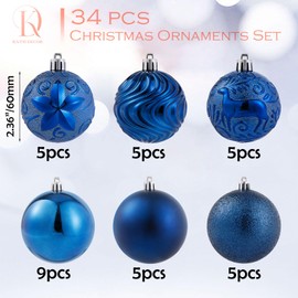 34 piezas de esferas navideñas azul marino irrompibles de plástico, decoraciones para árbol de Navidad para fiestas navideñas, hogar, oficina, decoración navideña - Tamaño mediano (2.36 pulgadas/60mm)