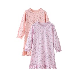 BANGSAUR Girls' Nightgown Cotton Sleepshirts, Heart Print Princess Nightdress, 2-Pack Nightwear for Girls 3-12 Years(Floral,8-9Years)