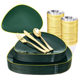DaYammi 180Pcs Green Plastic Plates, Green Gold Disposable Plates with Gold Silverware Dinnerware Set Include: 30 Dinner Plate,30 Dessert Plate,90 Plastic Cutlery,30 Cups for Christmas Party Holiday