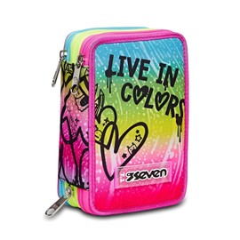 Seven Pencil Case with 3 Compartments Pink 3 Compartments Complete with Pencils, Markers, Colours, Accessories Backpack, Primary School, Medium, Top, Multicoloured, Vibrant and Colourful,