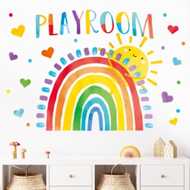 Mfault Playroom Rainbow Wall Decals Stickers, Watercolor Sun Love Hearts Nursery Decorations Kids Bedroom Art, Neutral Toddler Boy Girl Baby Living Room Classroom Decor