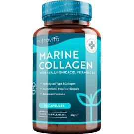 Marine Collagen 1000mg Enhanced with Hyaluronic Acid 100mg - 90 Super Strength Capsules - Hydrolysed Collagen Supplements - Vitamin C, Vitamin E, Vitamin B2, Zinc, Copper - Made in The UK by Nutravita