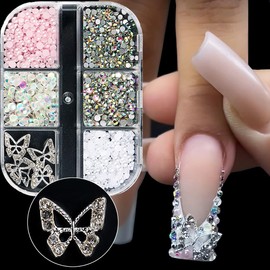 6Grids Glitter Butterfly Nail Charms 3D Butterflies Nail Art Rhinestones with Silver Pearls Caviar Beads Shiny Butterfly Manicure Jewelry Accessories Acrylic Nails Charms Nail Art Decorations Supplies