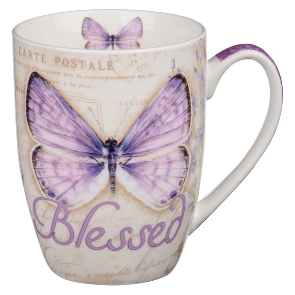 Christian Art Gifts Ceramic Blessed Butterfly Mug – Botanic Purple Butterfly Coffee Mug w/Jeremiah 17:7, Bible Verse Mug for Women and Men – Inspirational Coffee Cup, 12-ounce