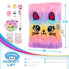 HOMICOZY Cat Diary with Lock and Keys for Girls,Plush Secret Journal for Kids with 160 Lined Pages,Hardcover Fluffy Locking Notebook for Writing and Drawing,Cute Fuzzy Stationary Gifts for Girls Ages
