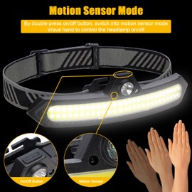 Cussity Rechargeable LED Headlamp Super Bright, IPX4 Waterproof Lightweight Head Light with Motion Sensor for Adult, 6 Modes COB Head Flashlight with White+Red Lights for Camping/Fishing/Running