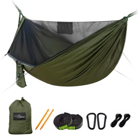 Travel Bird Camping Hammock with Mosquito Net and Ridge Rope, Extra Large for 2 Person, Lightweight Hanging Hammocks Tree Straps, All-in-one Fast Open Hammock for Outside, Hiking, and Travel