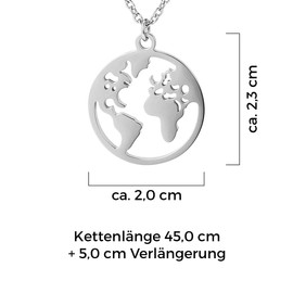 MENDOZZA World Map Women's Necklace World Globe Pendant Stainless Steel Silver Gold Rose Gold Worldmap Necklace 50 cm, Stainless Steel