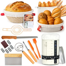 Sourdough Bread Baking Supplies: Complete Starter Kit with Glass Jar, Round & Oval Banneton Proofing Baskets Silicone Tools Dough Whisk Scoring Tool Bread Knife - Friendly Set for Homemade Loaf Making