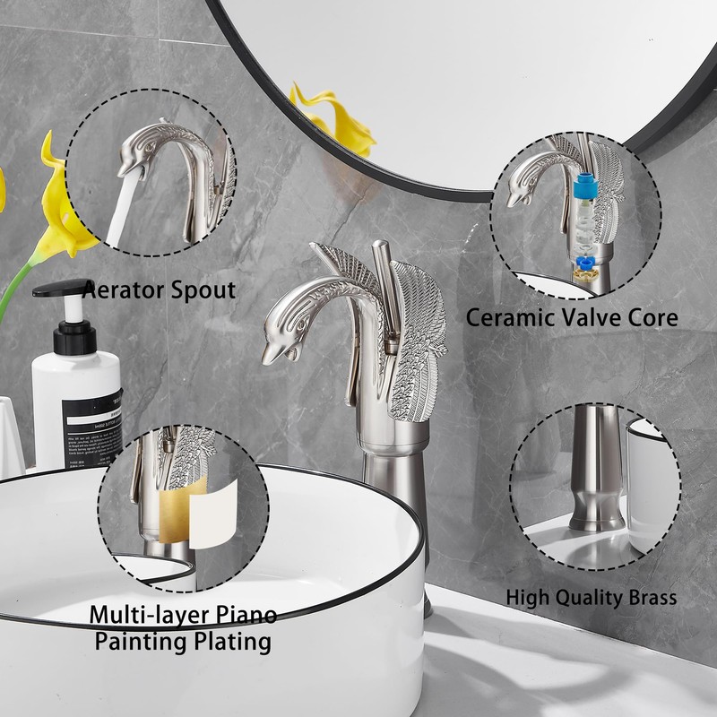 GGStudy Brushed Nickel Swan Shape Single Handle 1Hole Bathroom Vessel