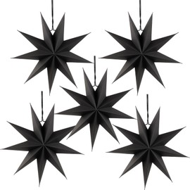 SUNBEAUTY 5 Pcs 9-Pointed Black Paper Star Lanterns 12 Inch Hanging Lamp Black Paper Funeral Decorations Christmas Birthday Home Holiday Party Decorations