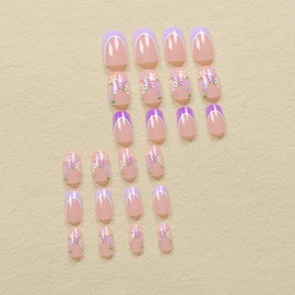 Purple French Tip Press on Nails Daisy Flower Fake Nails Glossy Finish Purple Grape Glue on Nails Medium Square Spring Artificial Nails Full Cover False Nails Cute Stick on Nails for Women Manicure