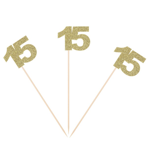 15th Birthday Centerpiece Sticks Gold Glitter Number 15 Party Table Toppers Flower Picks Anniversary Party Supplies - Pack of 10