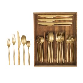 Bloomhouse - Two Time Oprah's Favorite Things Winner - 20 Piece Stone Washed Gold Flatware 18/10 Stainless Steel Silverware Cutlery Utensil Set With Acacia Wood Caddy - Service for 4