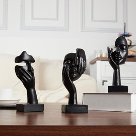 maozyiltle Woman face Statue Set of 3,Golden Black Thinker Collectible Statue,Modern Art Home Decor,Suitable for Bookshelf,TV Cabinet and Gift for Friends (black-3Pcs)