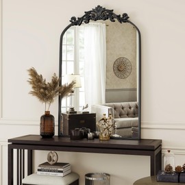 VooBang Vintage Arched Bathroom Mirror, 24x36 Inch Retro Wall Mounted Vanity Mirror with Carved Pattern Top and Metal Frame, Black Decorative Mirror for Hanging or Leaning