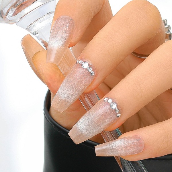 Sethexy Pink Cat's Eye Handmade Press On Nails Long Coffin