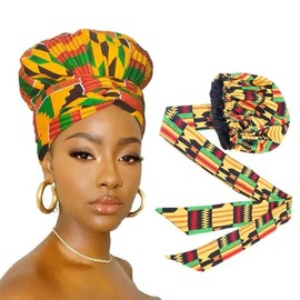 JARA African Print Satin Silk Bonnet – Double-Layer Sleeping Hat with Long Ribbon Wrap, Ankara Design, Large Size Hair Cover for Ultimate Comfort Yellow