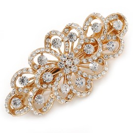 Bridal Wedding Prom Gold Tone Filigree Diamante Floral Barrette Hair Clip Grip - 80mm Across